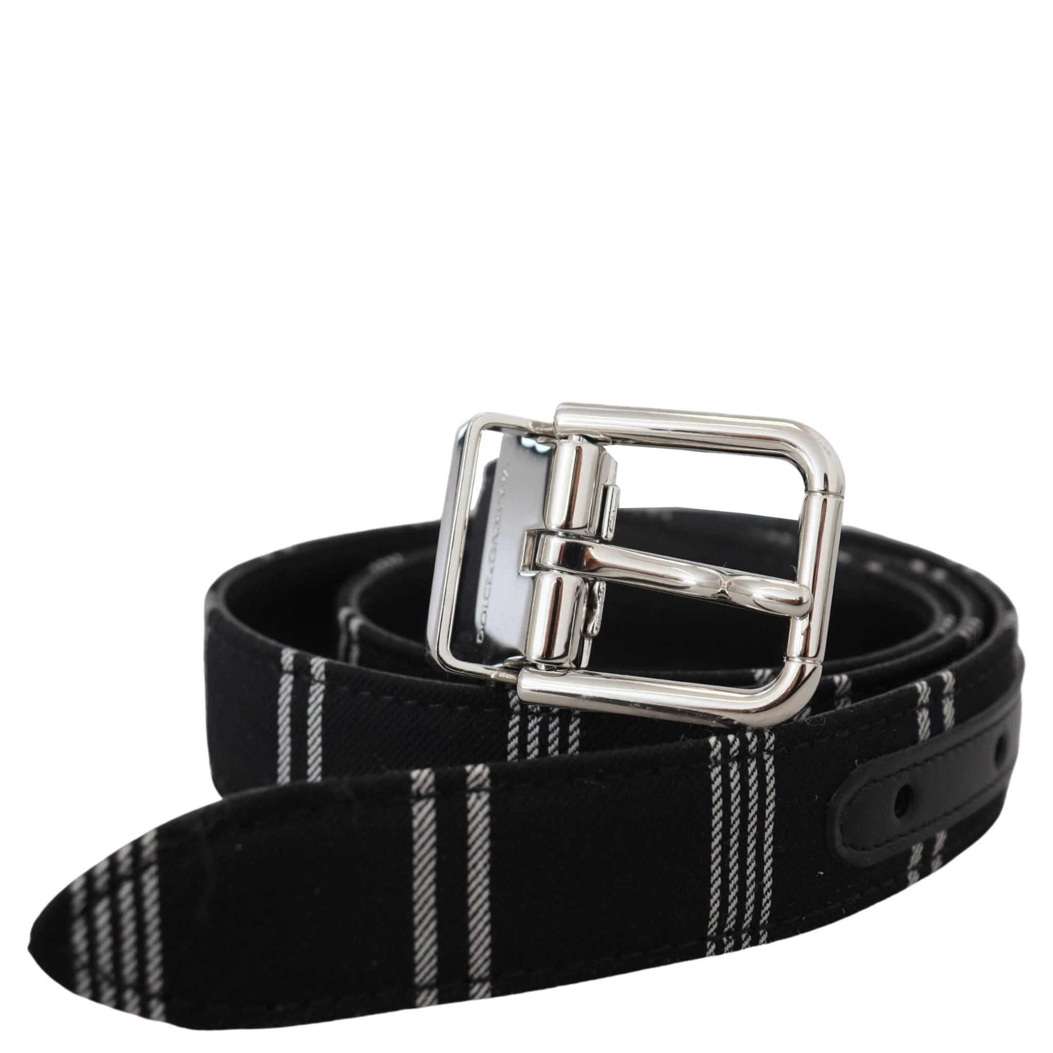 Black White Cotton Metal Silver Buckle Belt