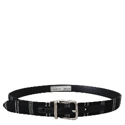 Black White Cotton Metal Silver Buckle Belt