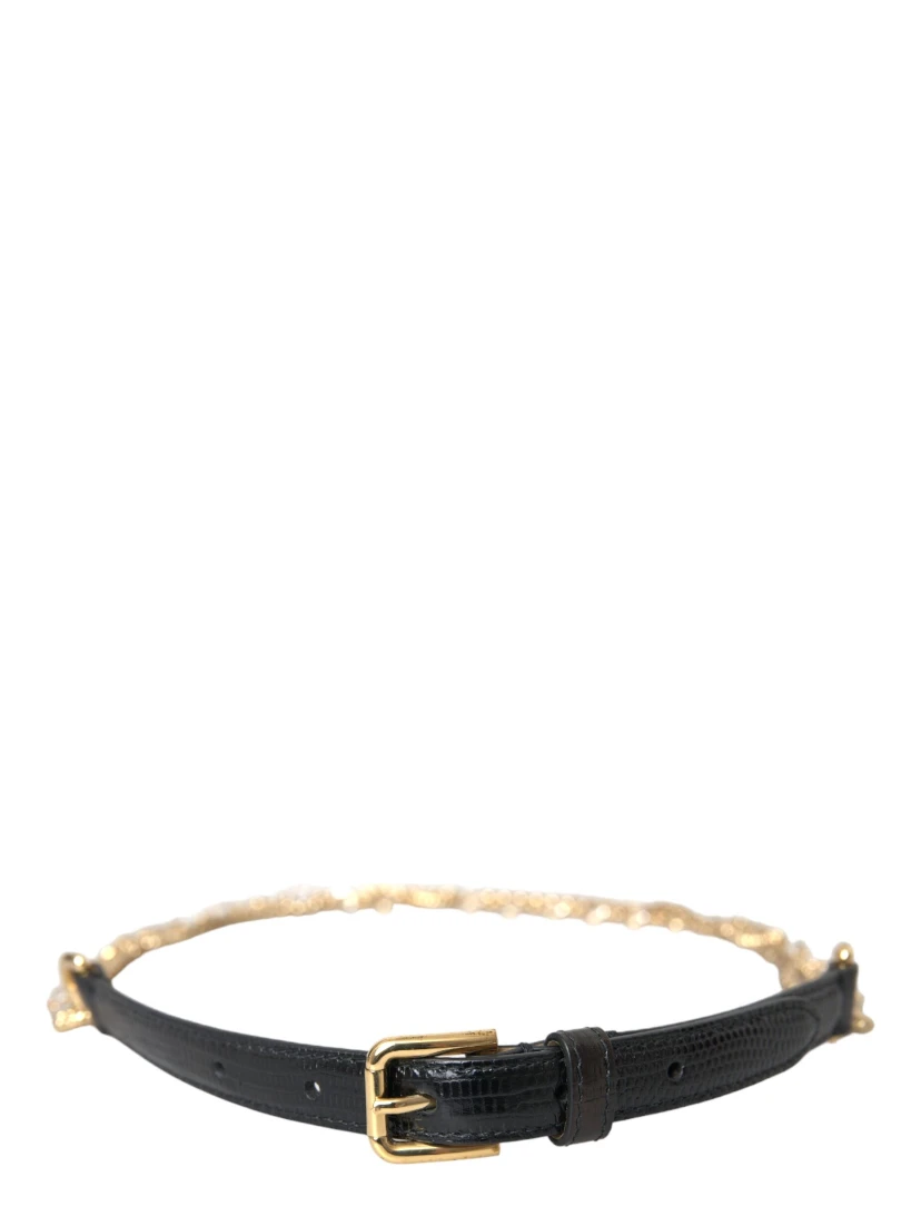Black Leather Gold Chain Crystal Waist Women Belt