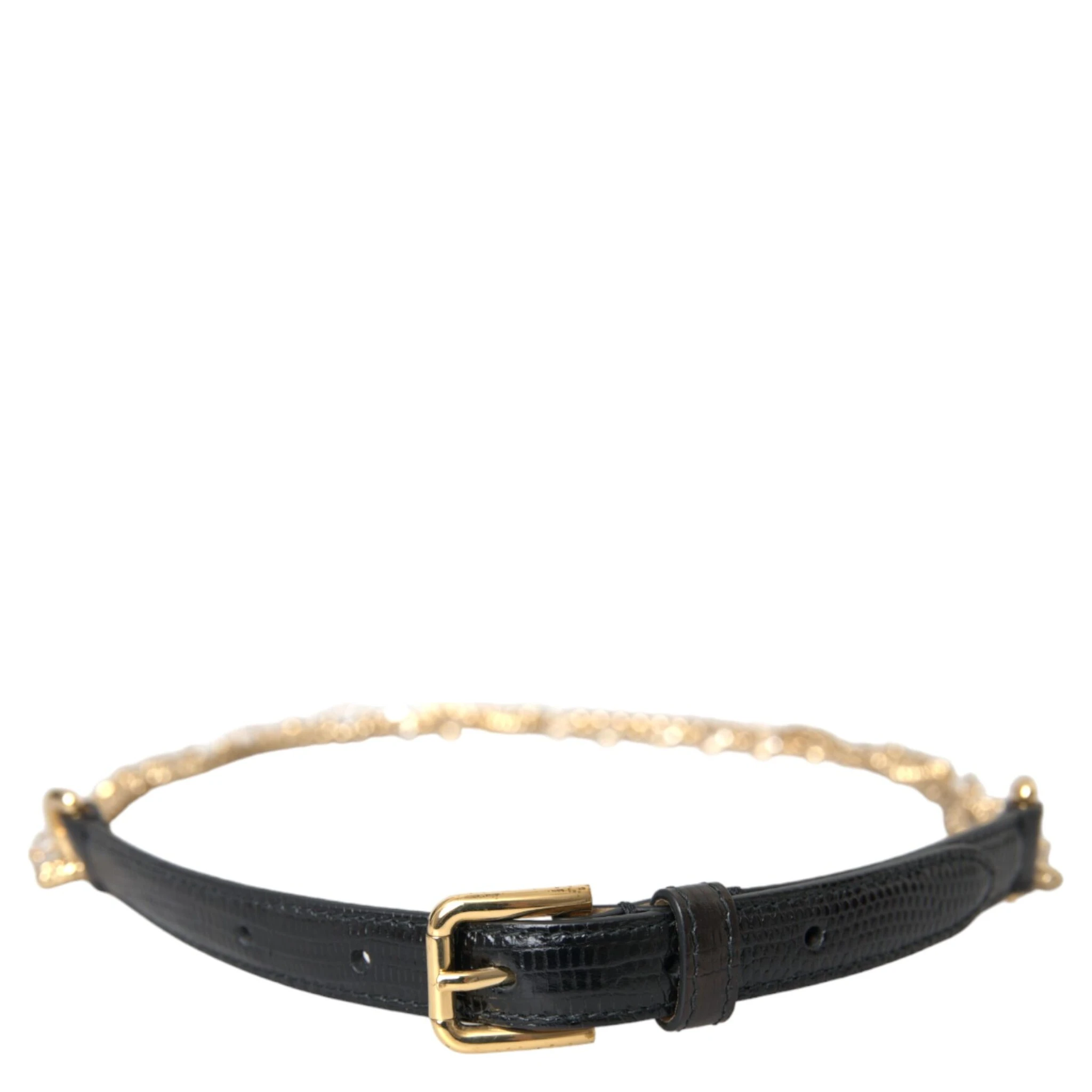 Black Leather Gold Chain Crystal Waist Women Belt