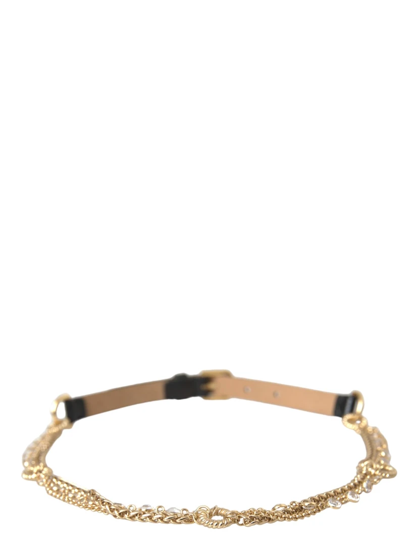 Black Leather Gold Chain Crystal Waist Women Belt