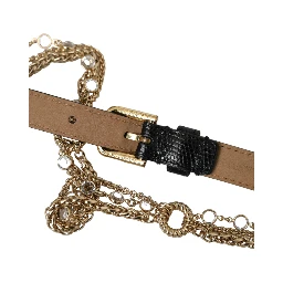 Black Leather Gold Chain Crystal Waist Women Belt