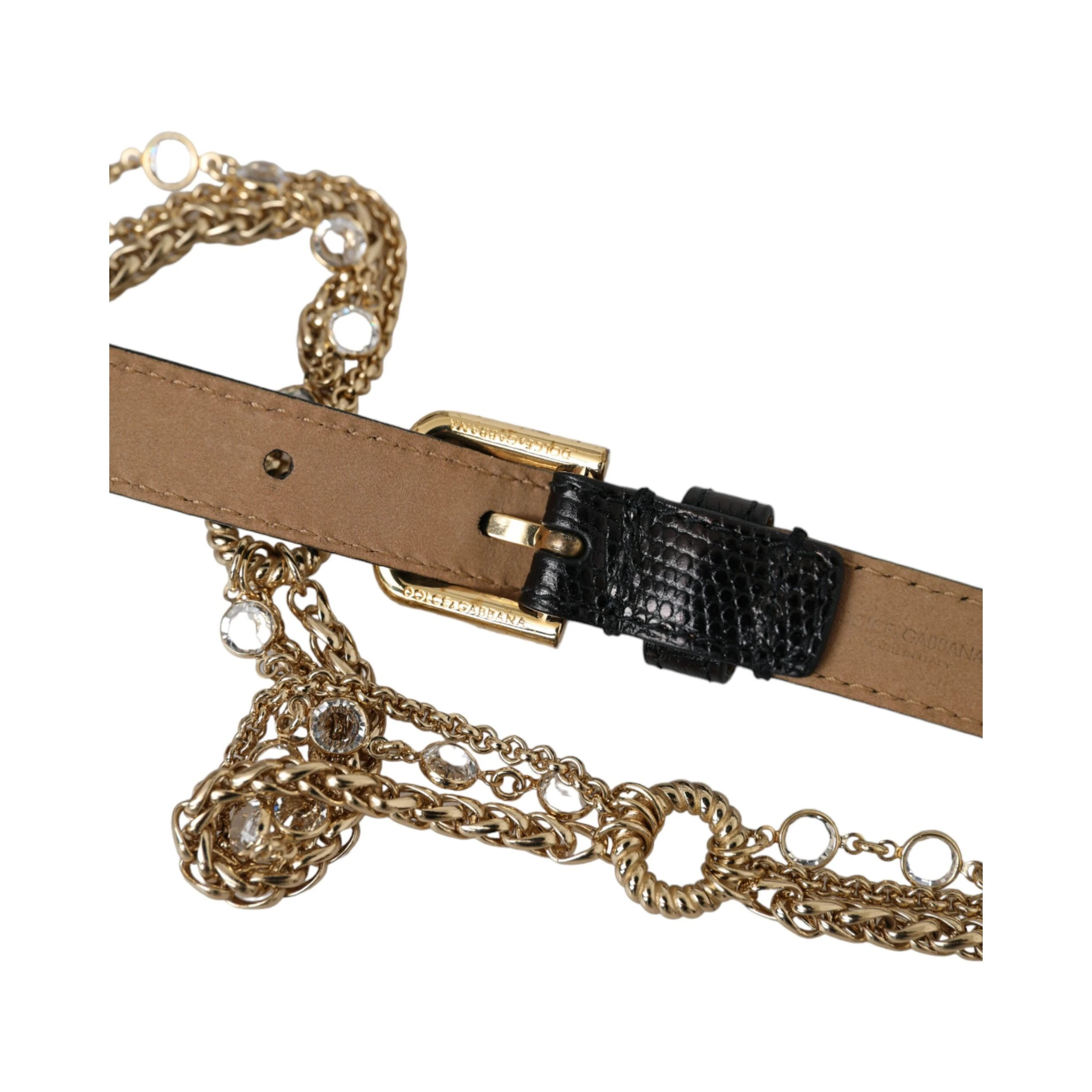 Black Leather Gold Chain Crystal Waist Women Belt