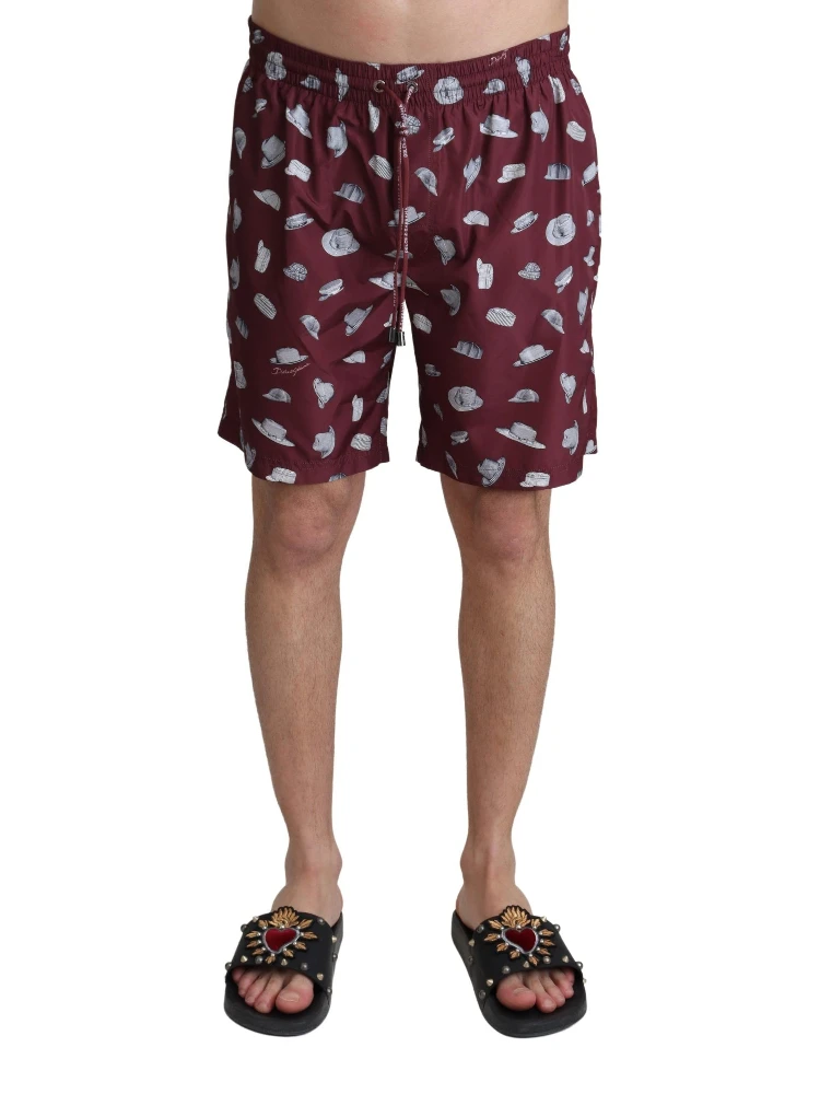 Maroon Hats Print Beachwear Shorts Swimwear