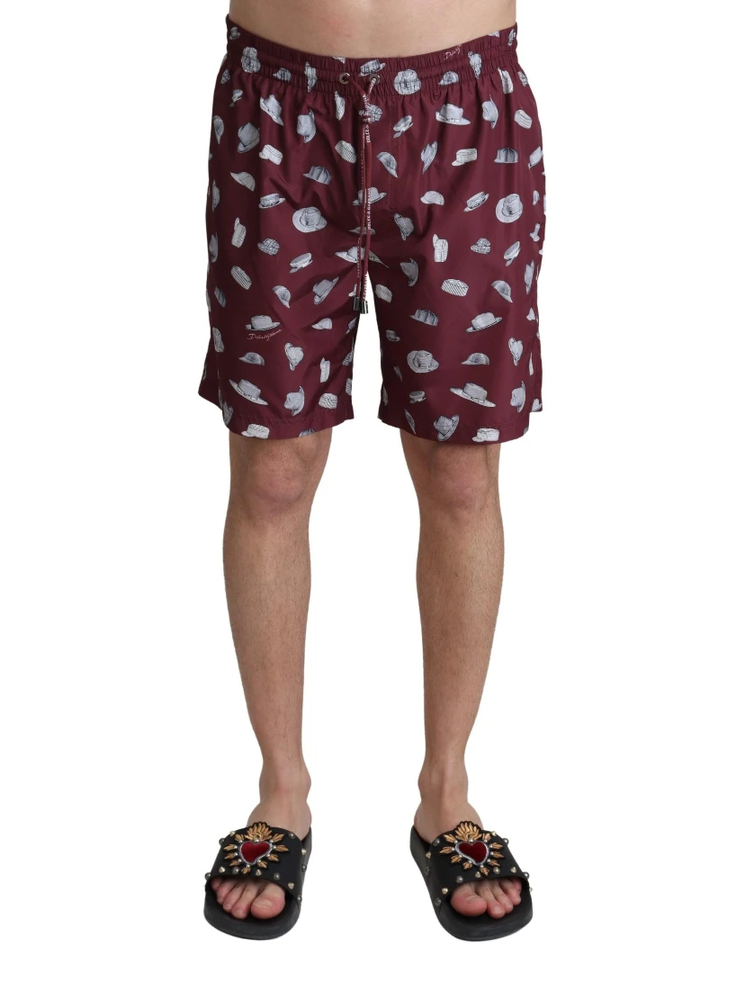 Maroon Hats Print Beachwear Shorts Swimwear