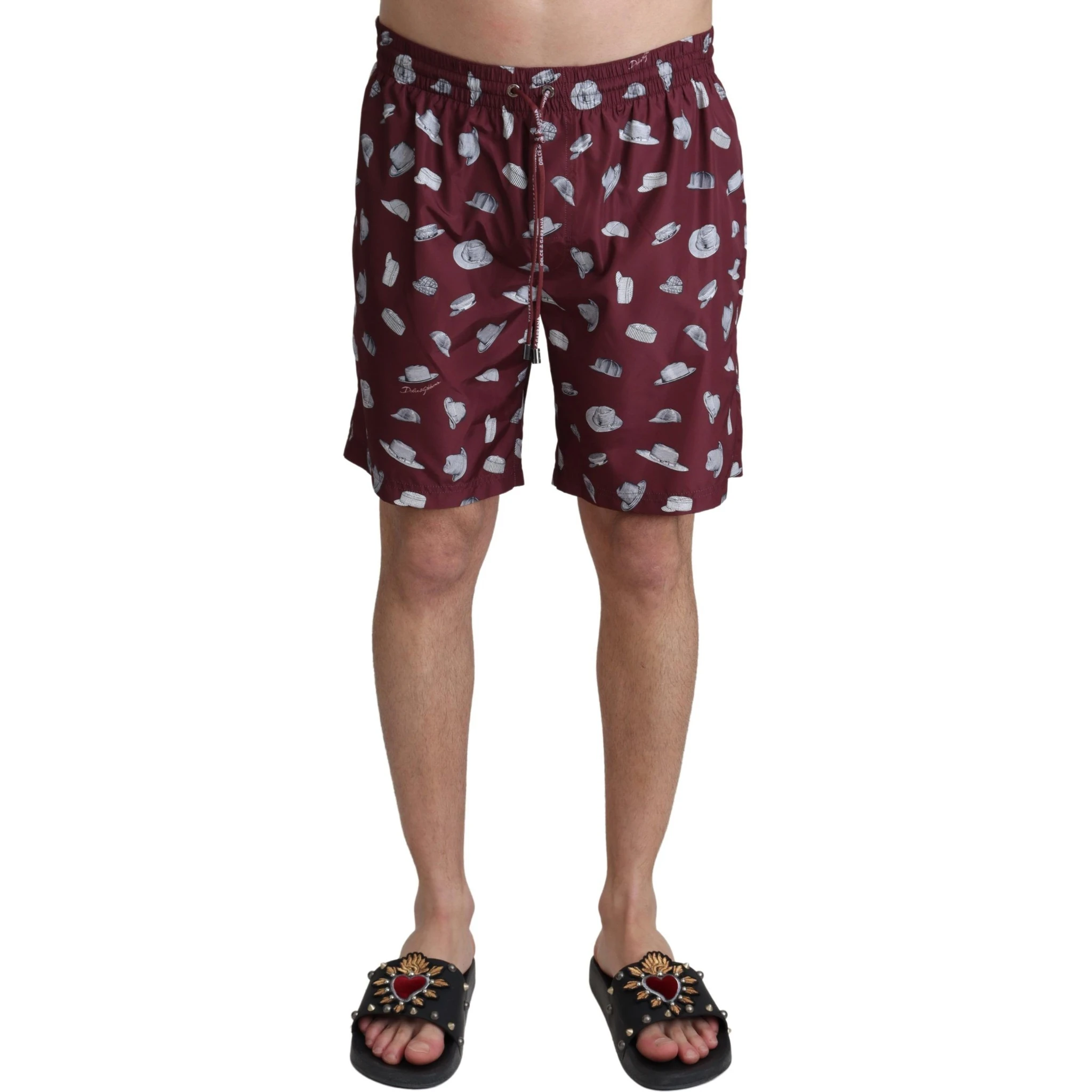 Maroon Hats Print Beachwear Shorts Swimwear
