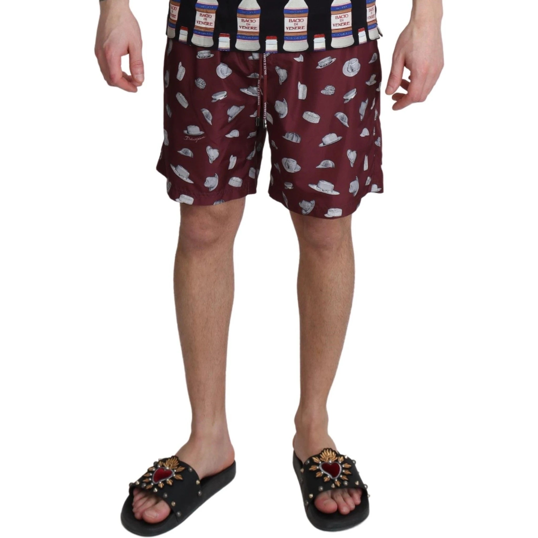 Maroon Hats Print Beachwear Shorts Swimwear