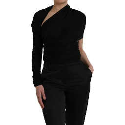 Black Wool Cutout Asymmetric Long Sleeve Top