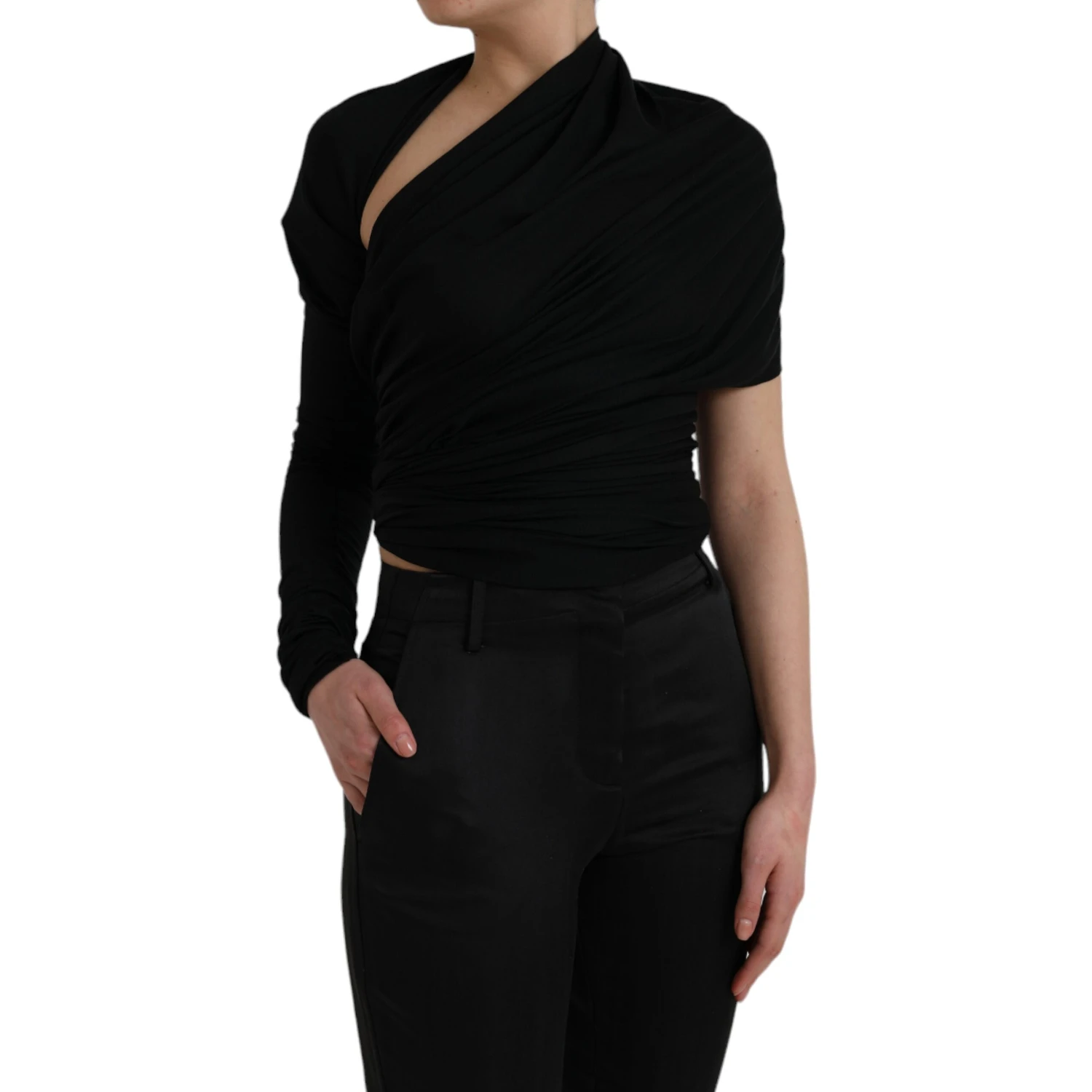 Black Wool Cutout Asymmetric Long Sleeve Top