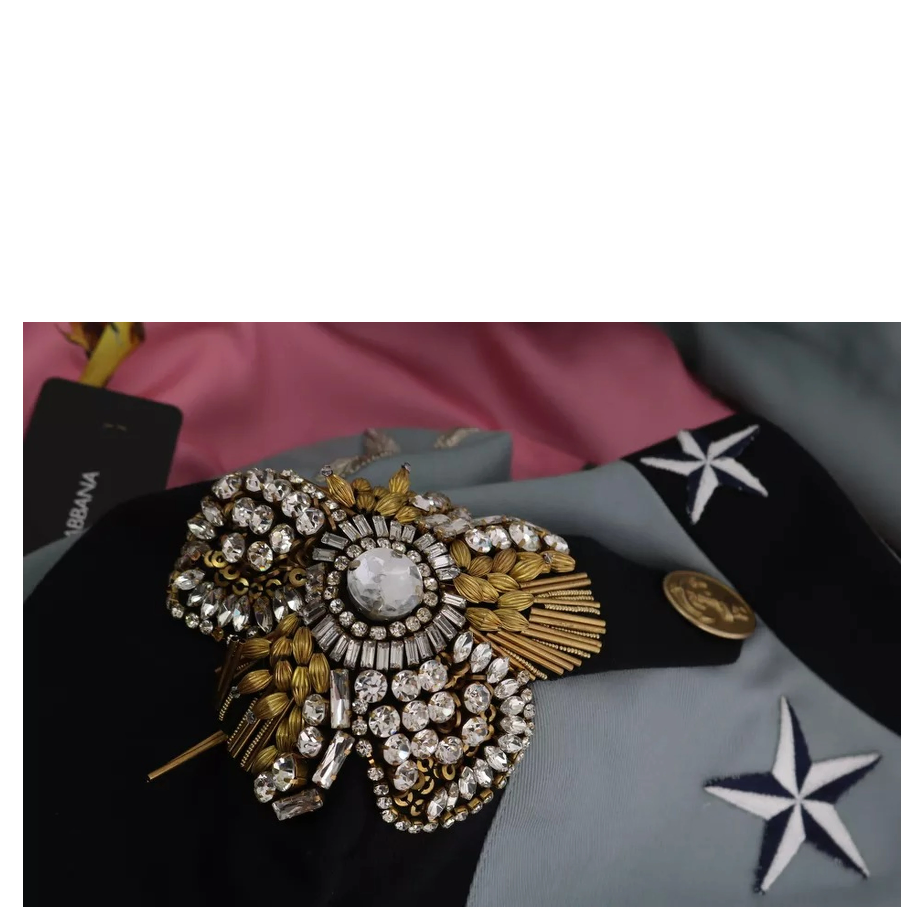 Blue Button Crystal Embellished Cotton Jacket