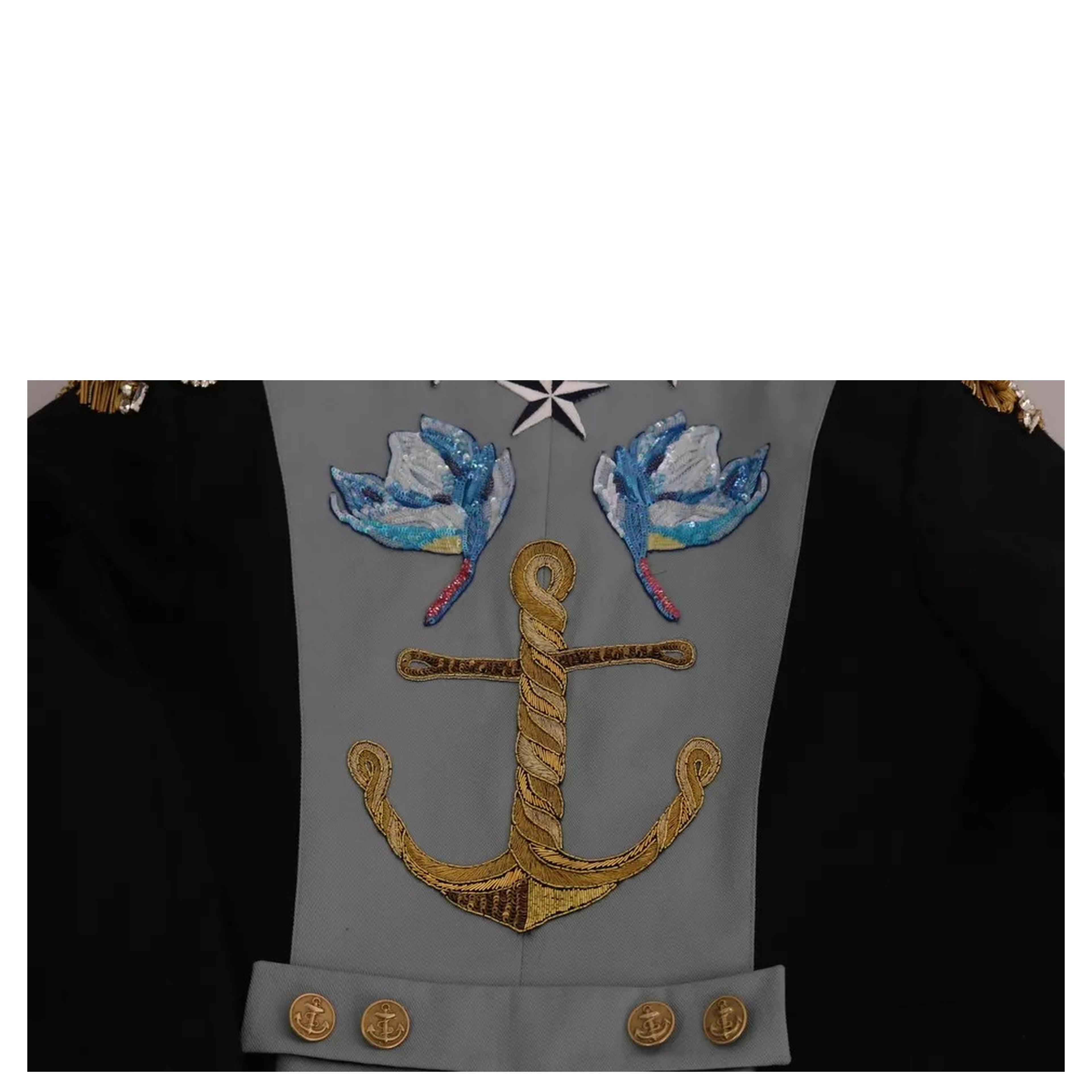 Blue Button Crystal Embellished Cotton Jacket