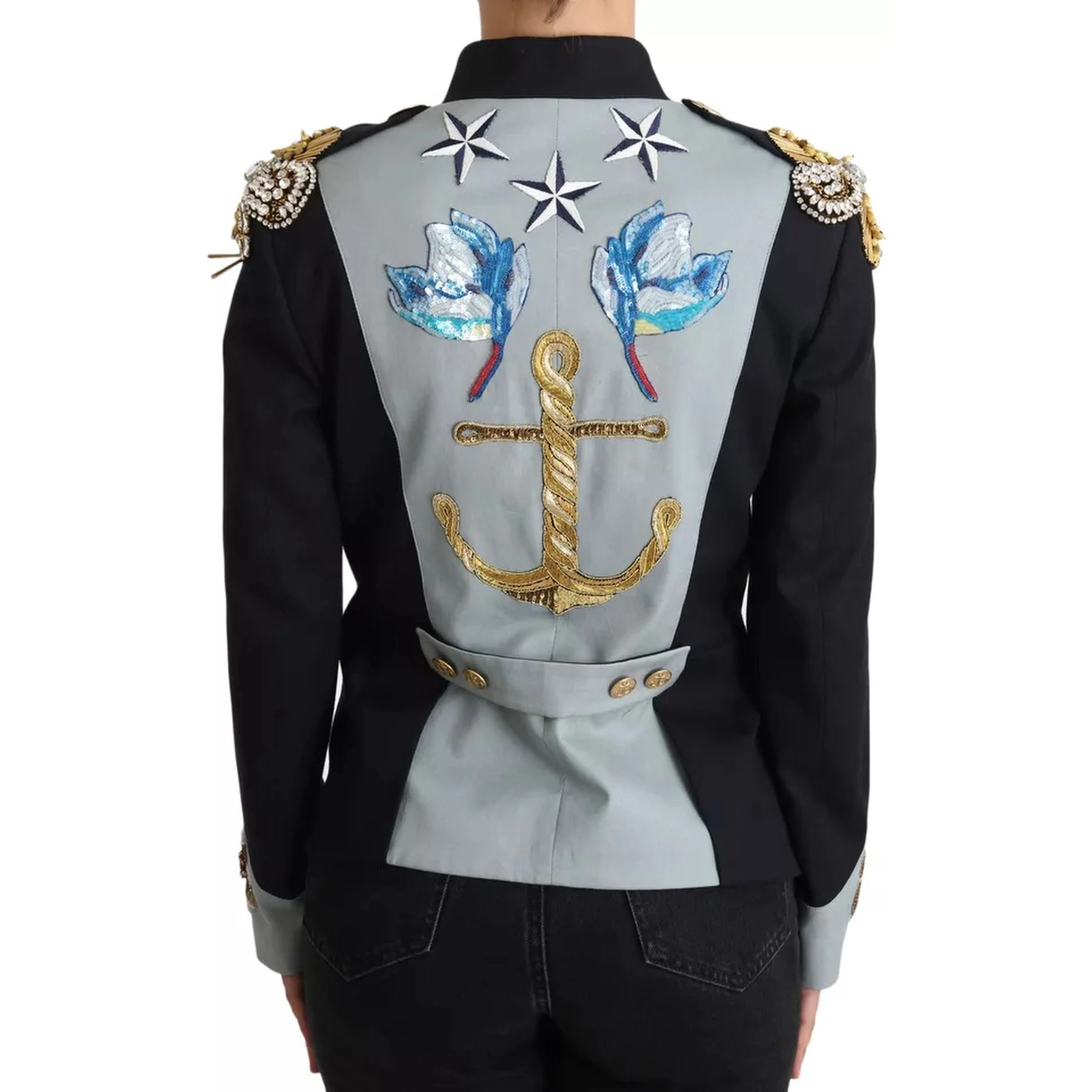 Blue Button Crystal Embellished Cotton Jacket