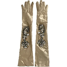Beige Satin Crystal Elbow Length Gloves