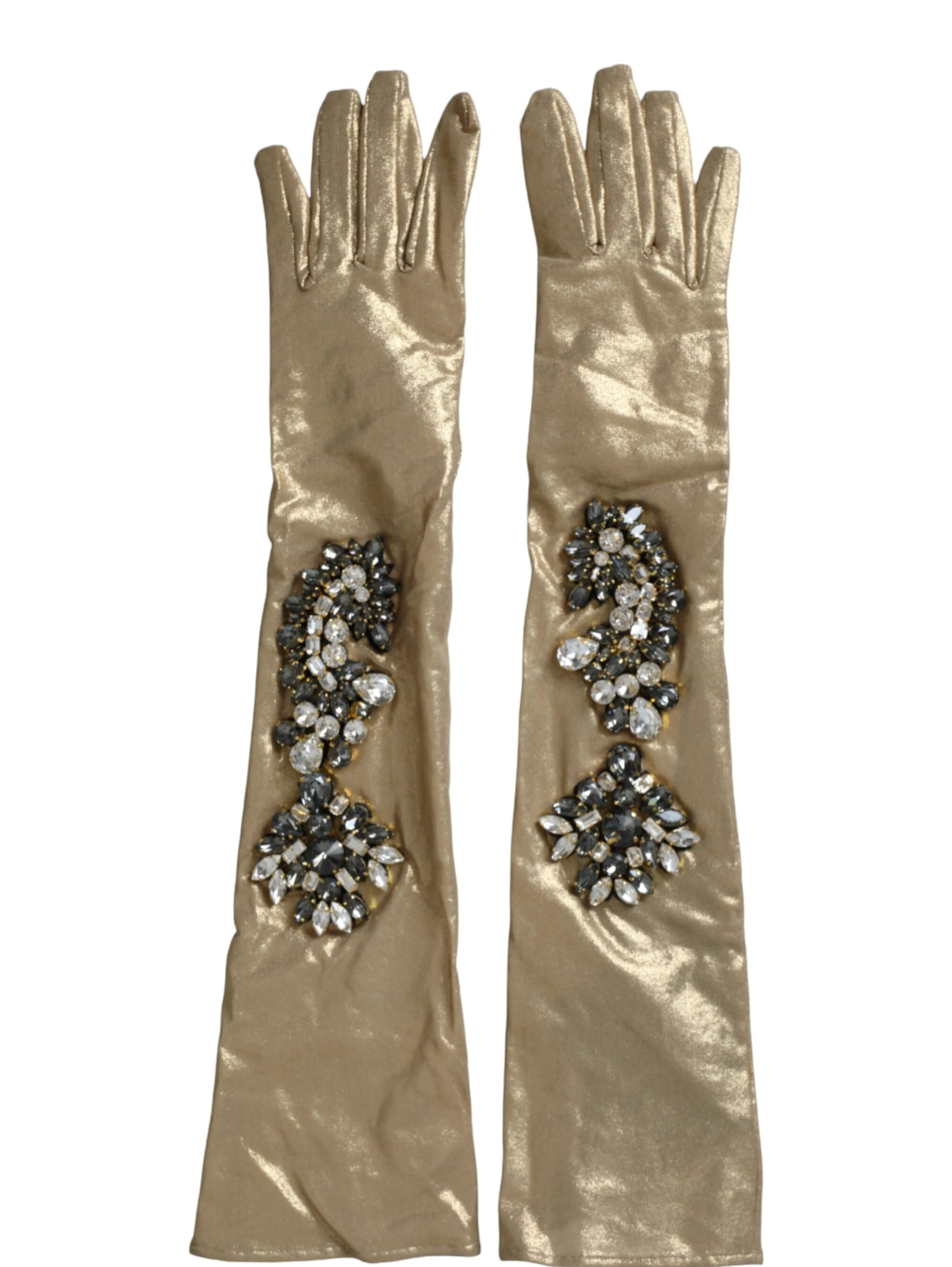 Beige Satin Crystal Elbow Length Gloves