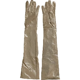 Beige Satin Crystal Elbow Length Gloves