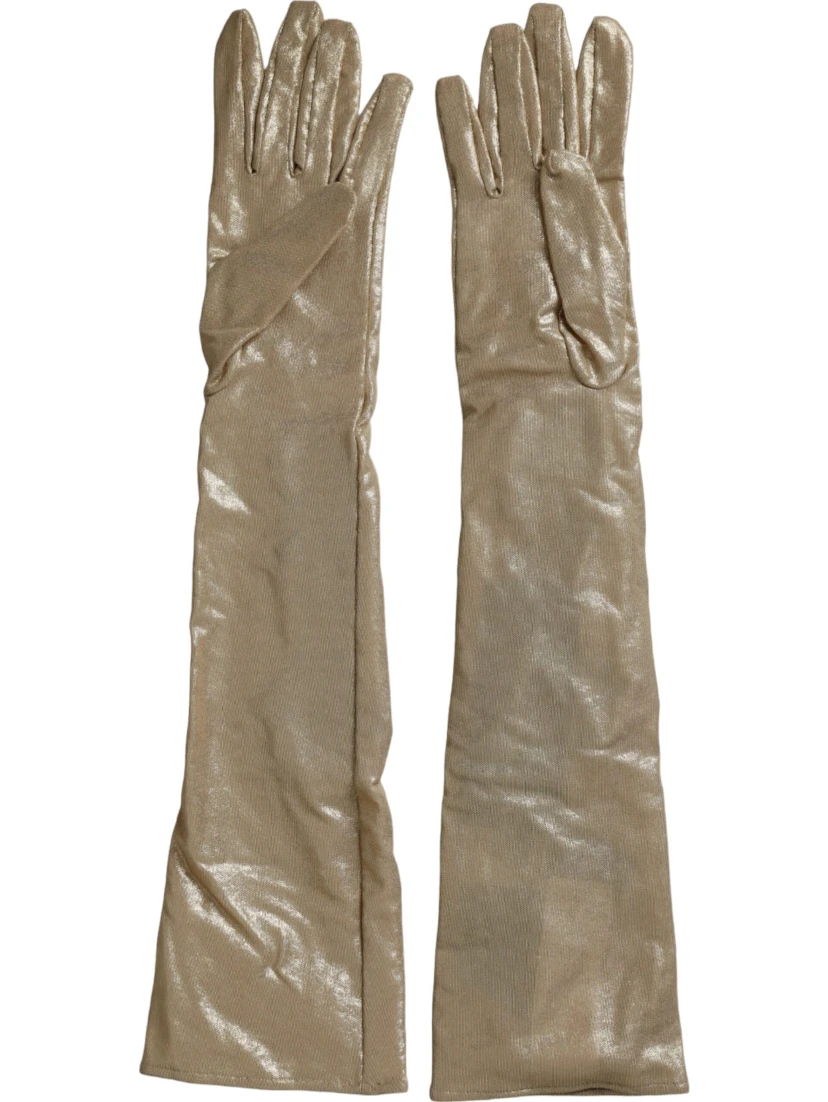 Beige Satin Crystal Elbow Length Gloves