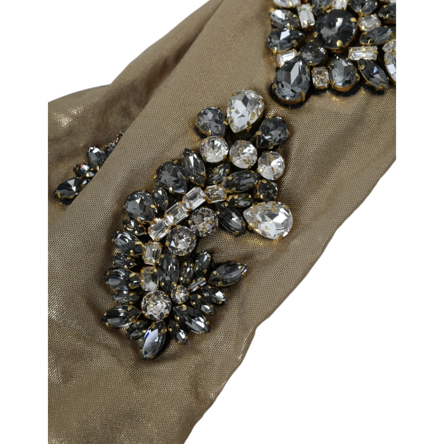 Beige Satin Crystal Elbow Length Gloves
