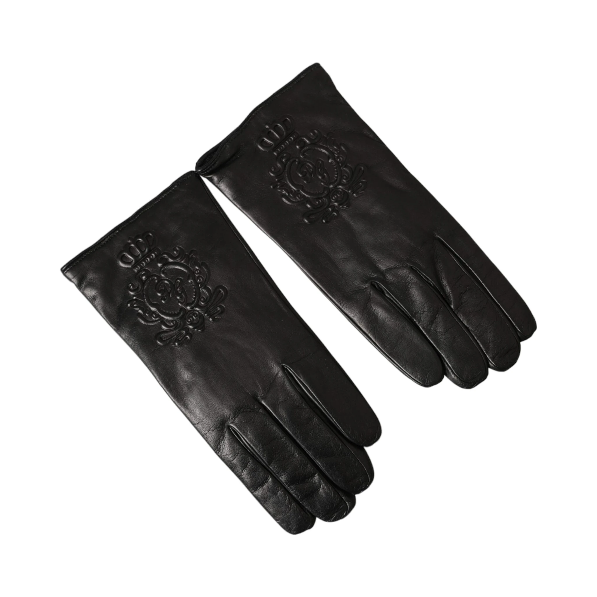 Black Leather Embossed Logo Short Hands Gloves