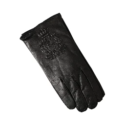 Black Leather Embossed Logo Short Hands Gloves