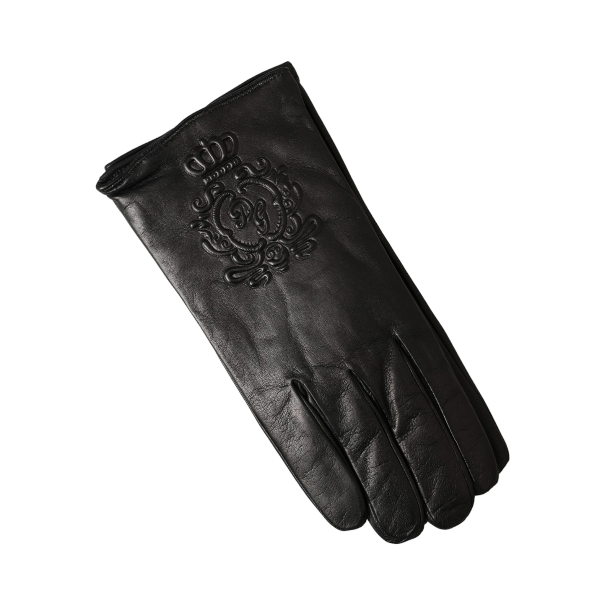 Black Leather Embossed Logo Short Hands Gloves