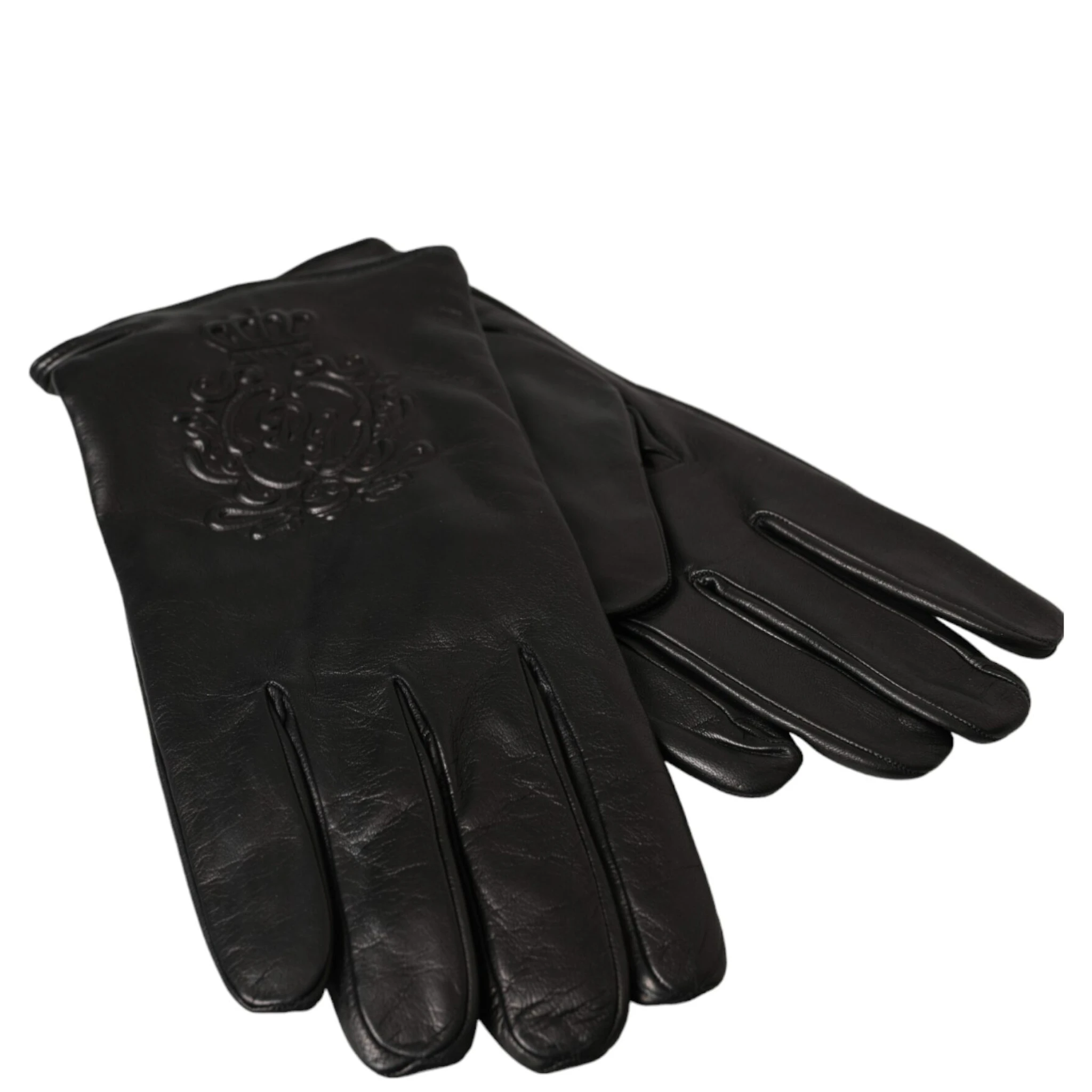 Black Leather Embossed Logo Short Hands Gloves