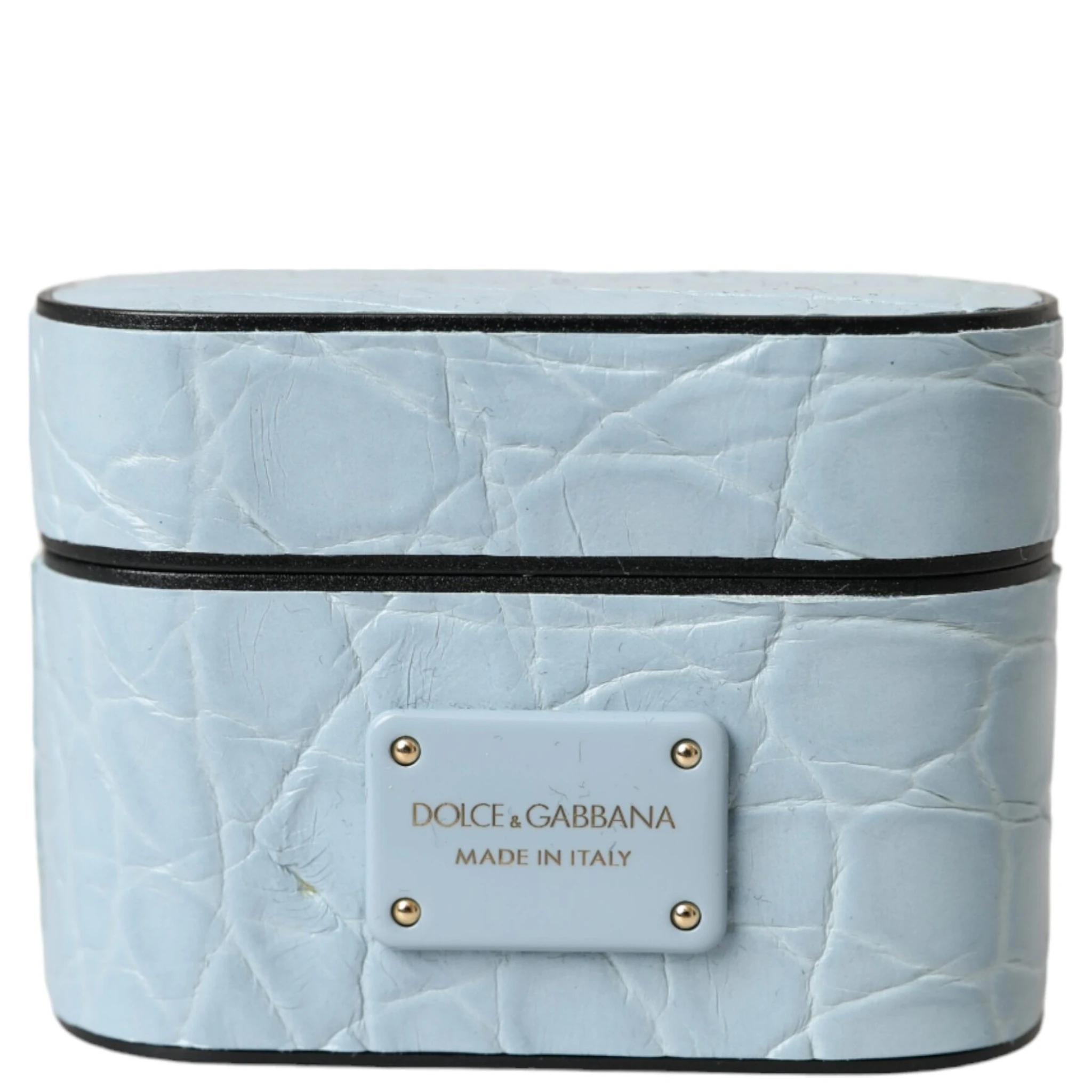 Light Blue Leather Metal Logo Plaque Airpods Case