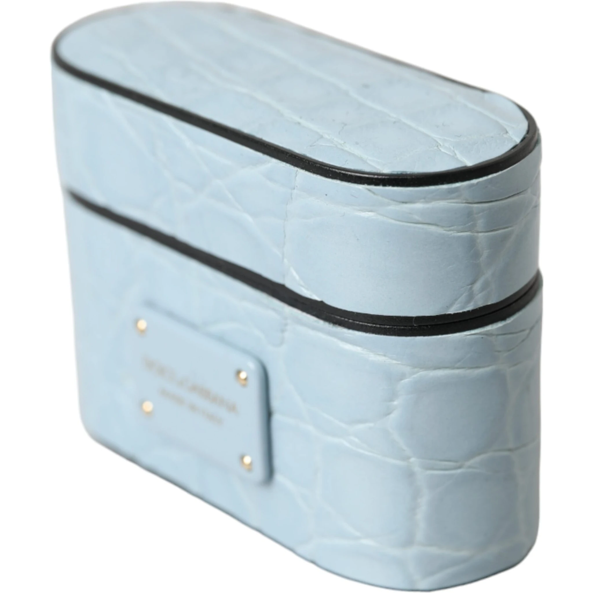 Light Blue Leather Metal Logo Plaque Airpods Case