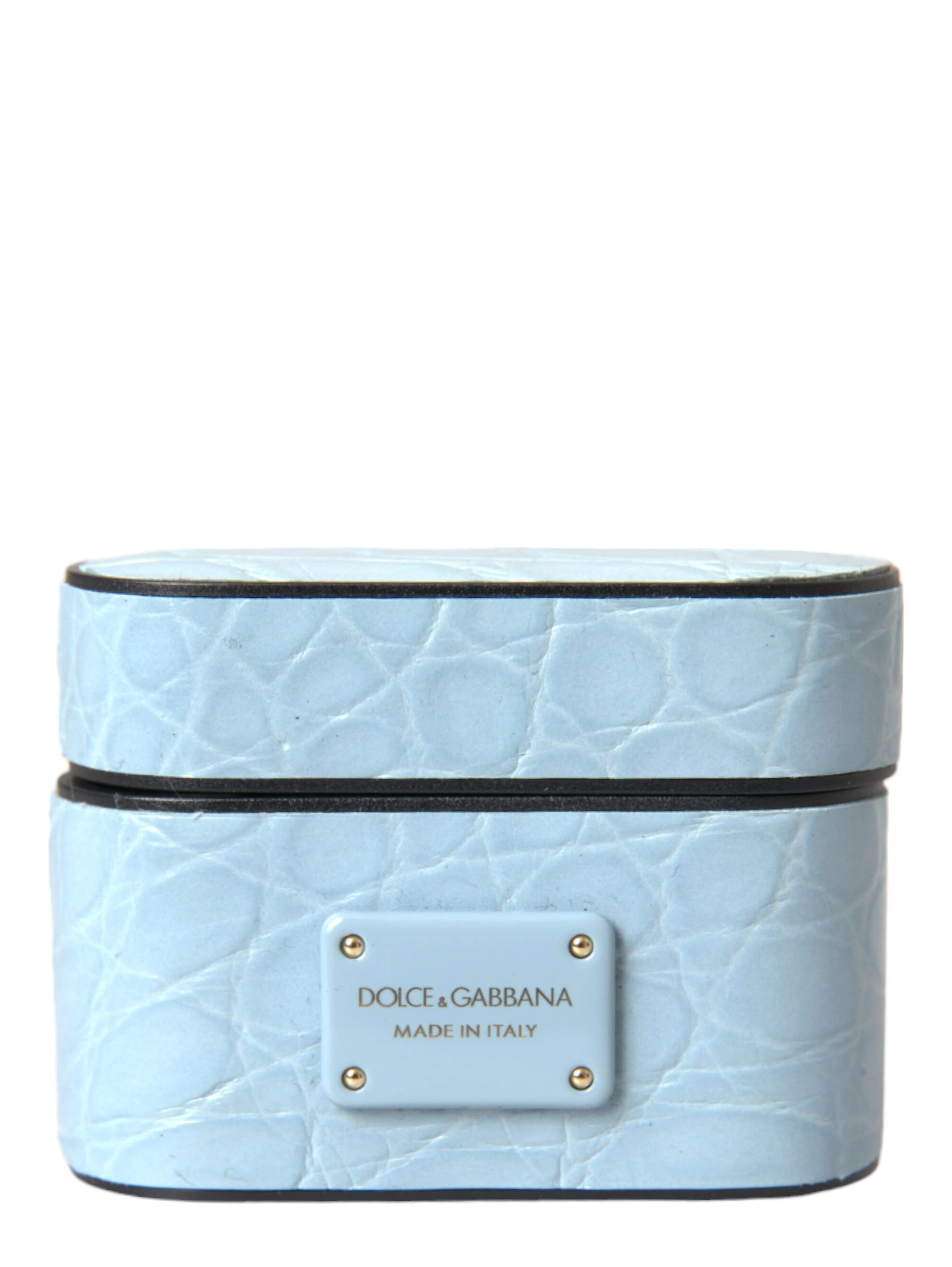 Light Blue Leather Metal Logo Plaque Airpods Case