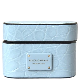 Light Blue Leather Metal Logo Plaque Airpods Case