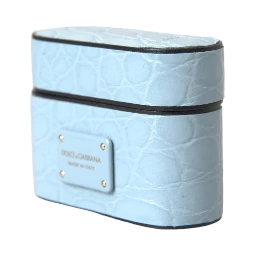 Light Blue Leather Metal Logo Plaque Airpods Case