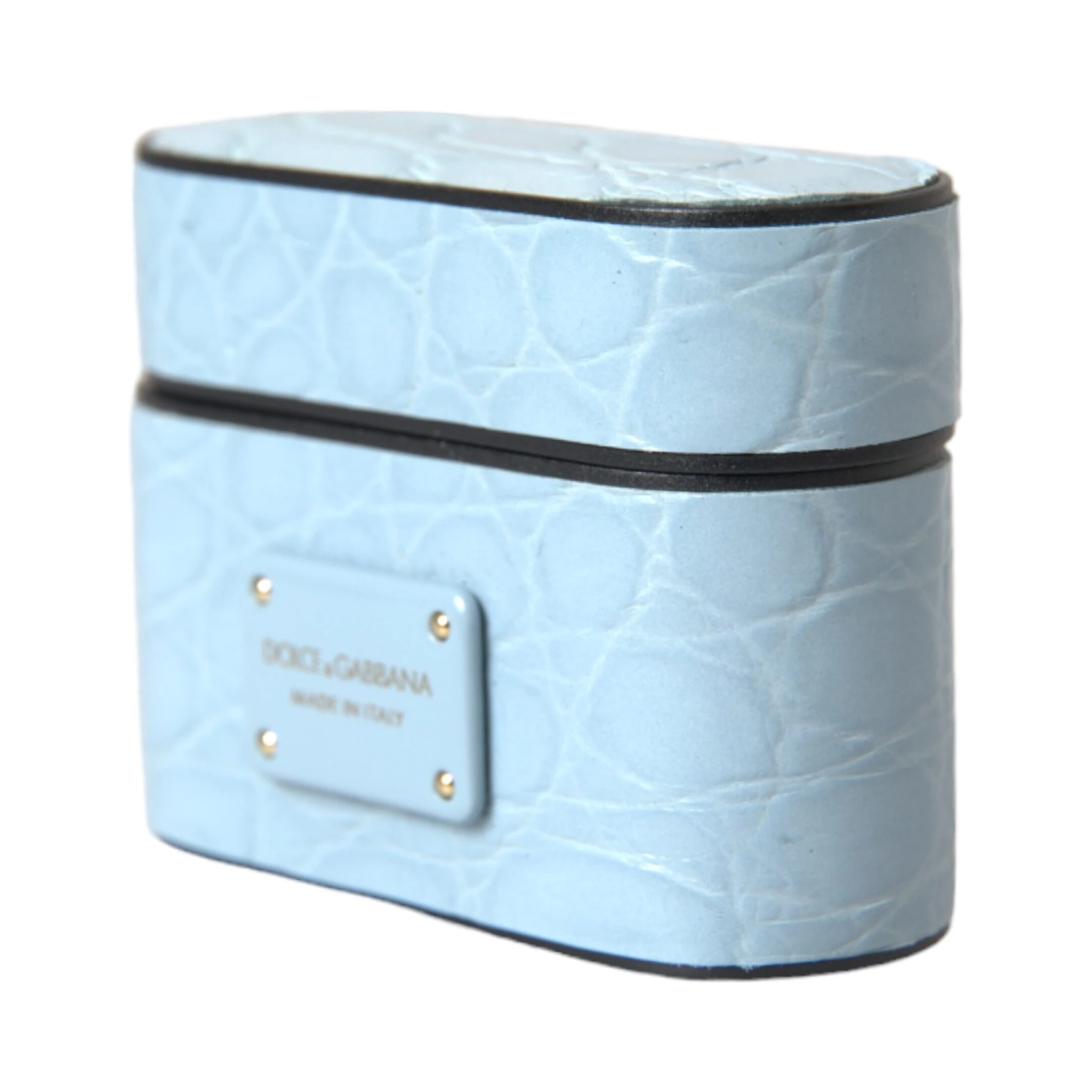 Light Blue Leather Metal Logo Plaque Airpods Case