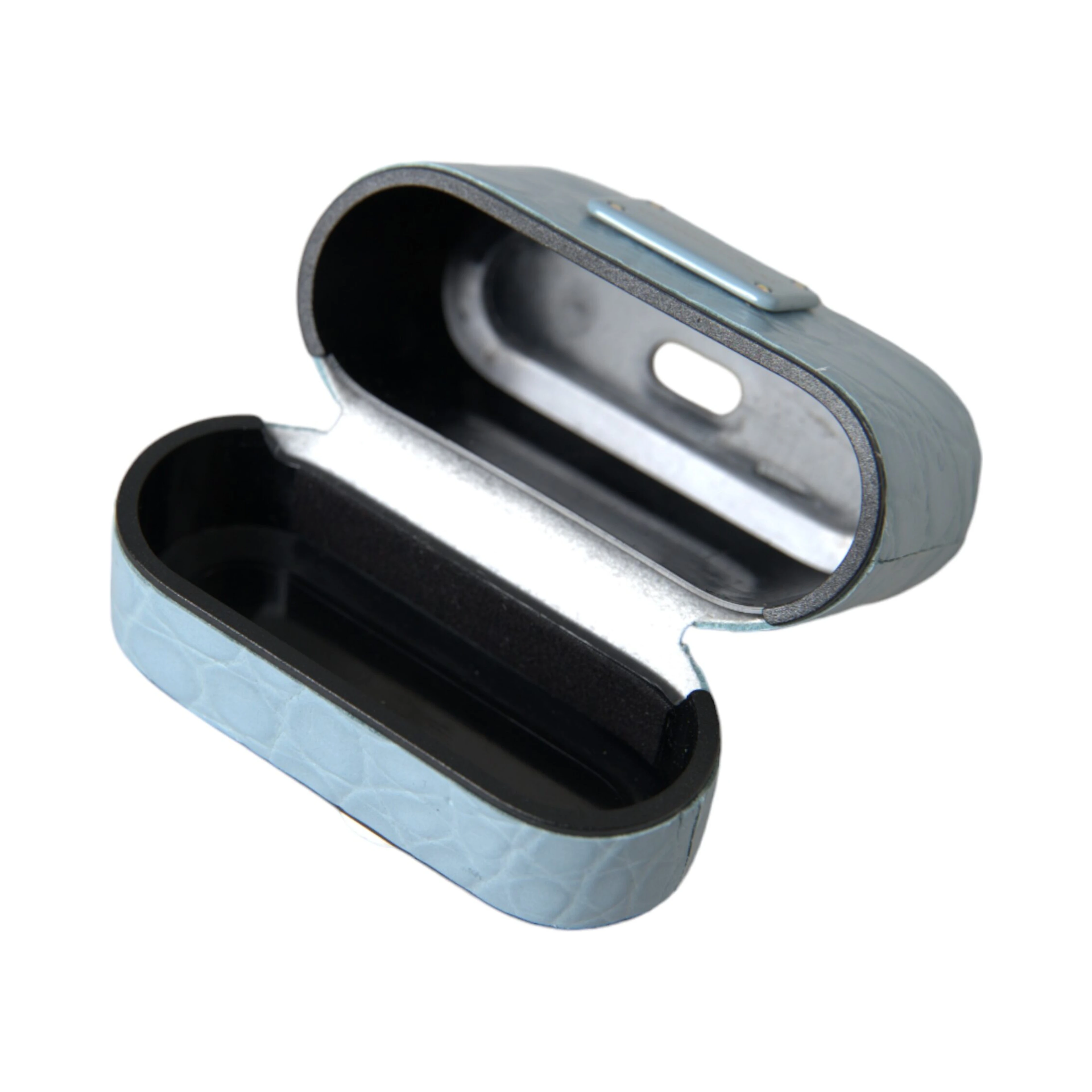 Light Blue Leather Metal Logo Plaque Airpods Case