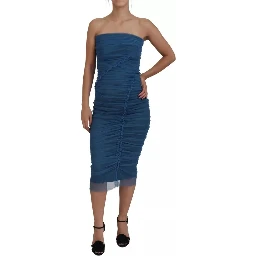 Blue Mesh Trim Ruched Tulle Sheath Dress