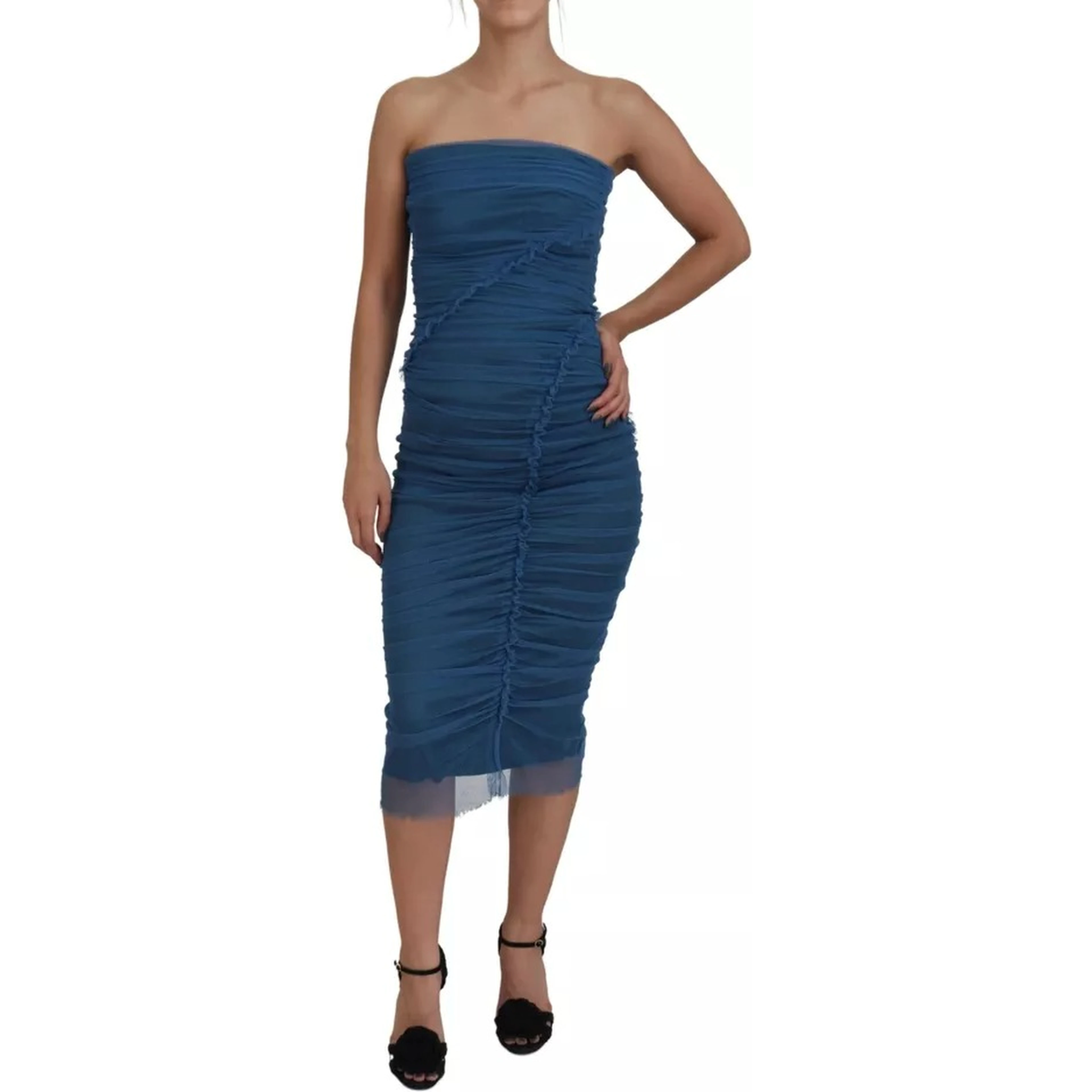 Blue Mesh Trim Ruched Tulle Sheath Dress