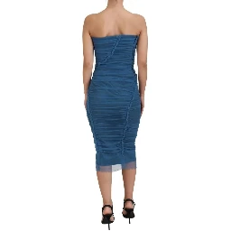 Blue Mesh Trim Ruched Tulle Sheath Dress