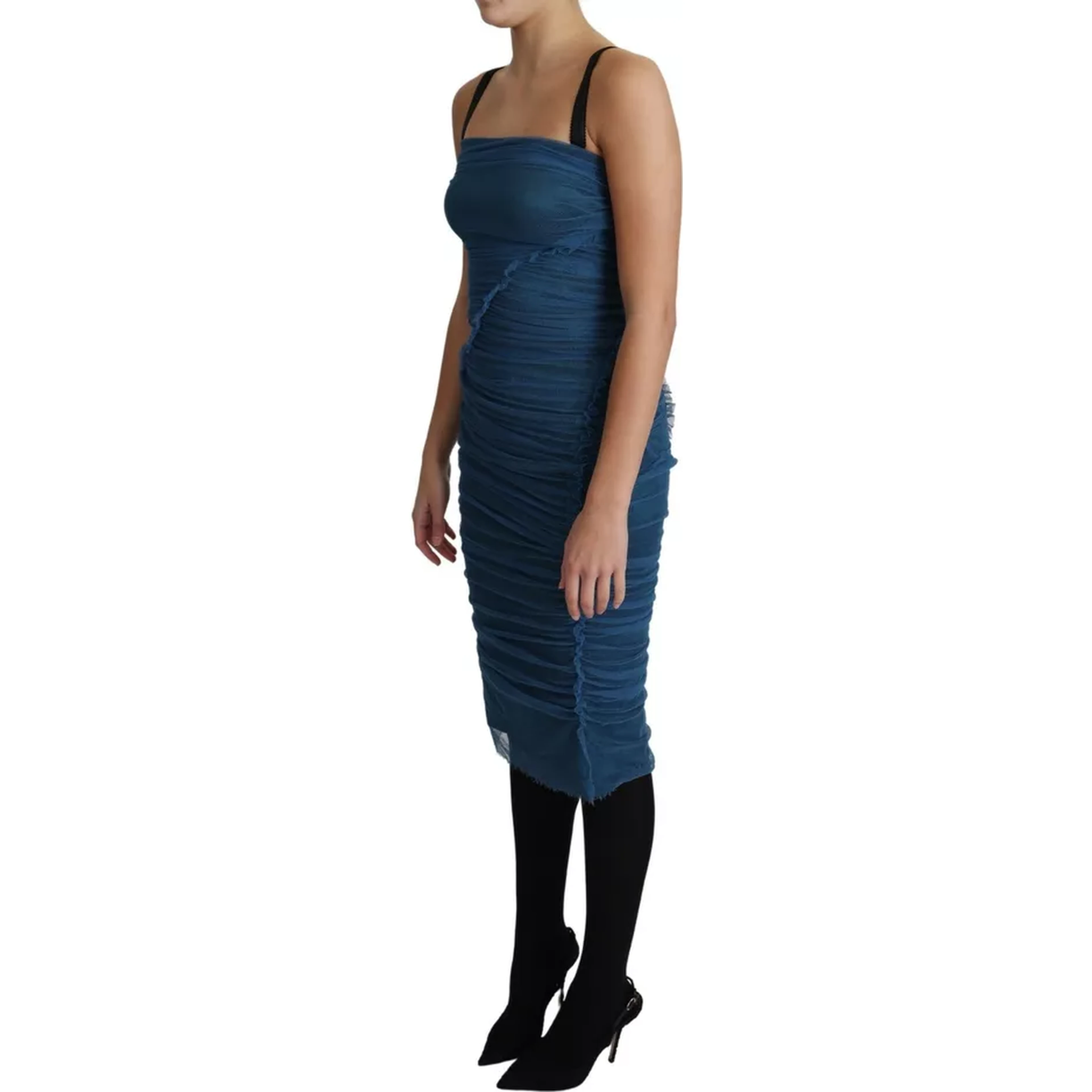 Blue Draped Tulle Midi Sheath Cotton Dress