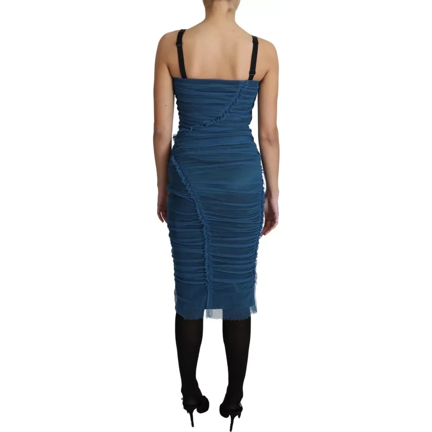 Blue Draped Tulle Midi Sheath Cotton Dress