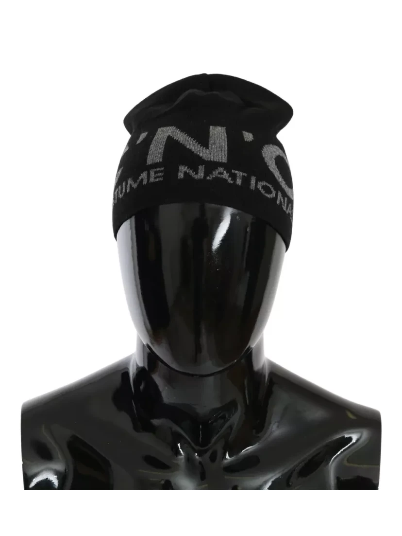 Black Wool Blend Branded Beanie Hat