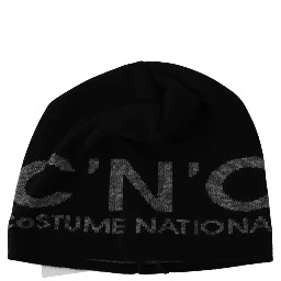 Black Wool Blend Branded Beanie Hat