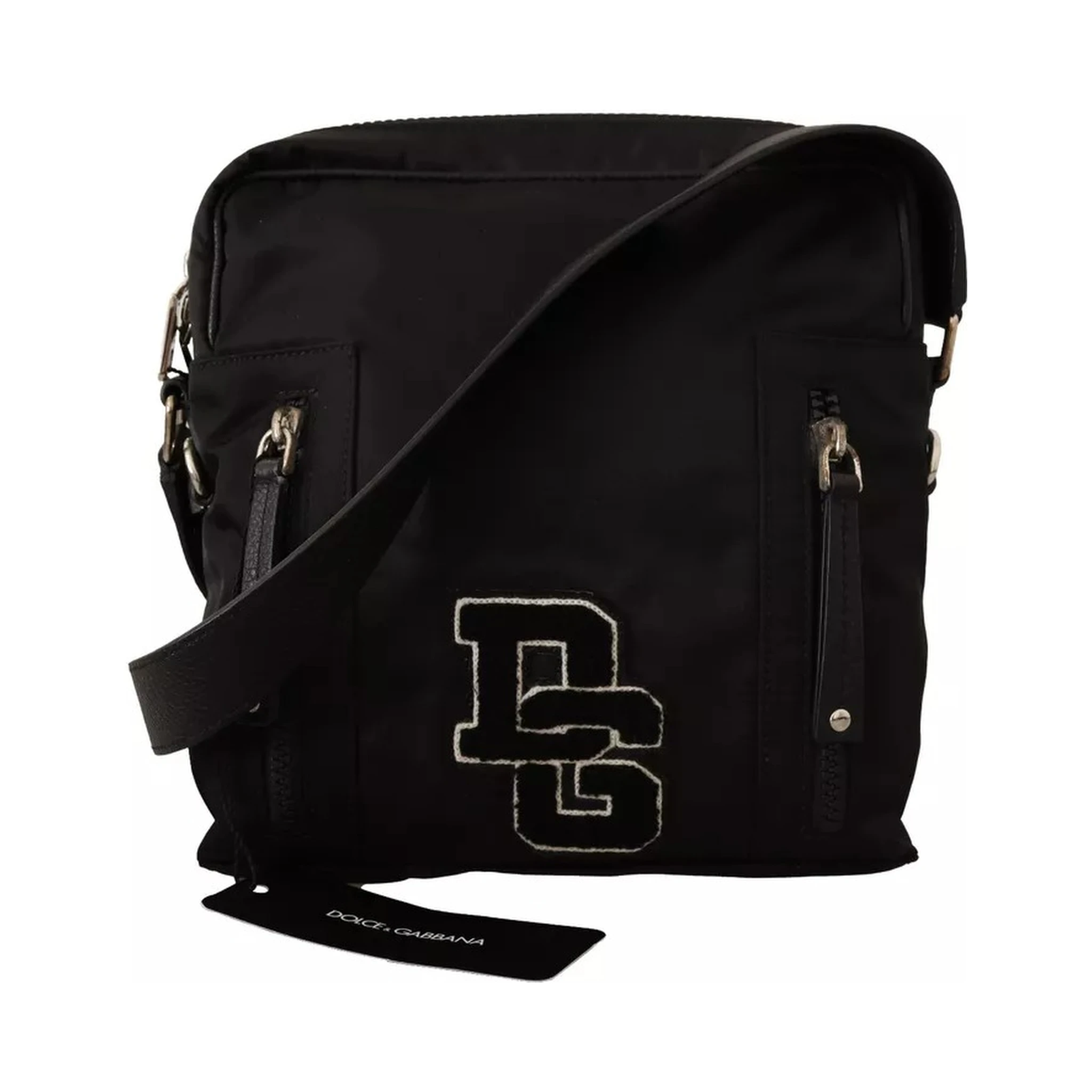 Black Nylon Leather DG Logo Patch Messenger Cross Body Bag