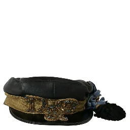 Black Leather Crystal Beads Gold Ribbon Fiddler Cap