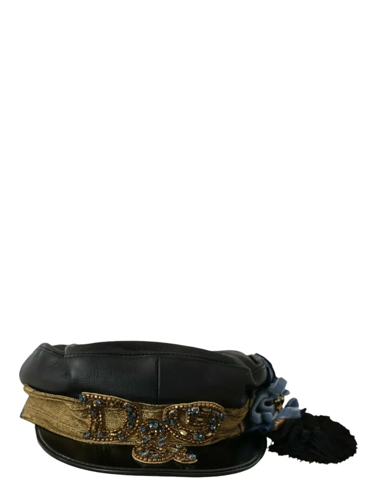 Black Leather Crystal Beads Gold Ribbon Fiddler Cap alternative