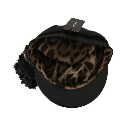 Black Leather Crystal Beads Gold Ribbon Fiddler Cap