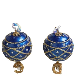 Gold Brass Blue Dangle Christmas Ball Crystal Clip On Earrings