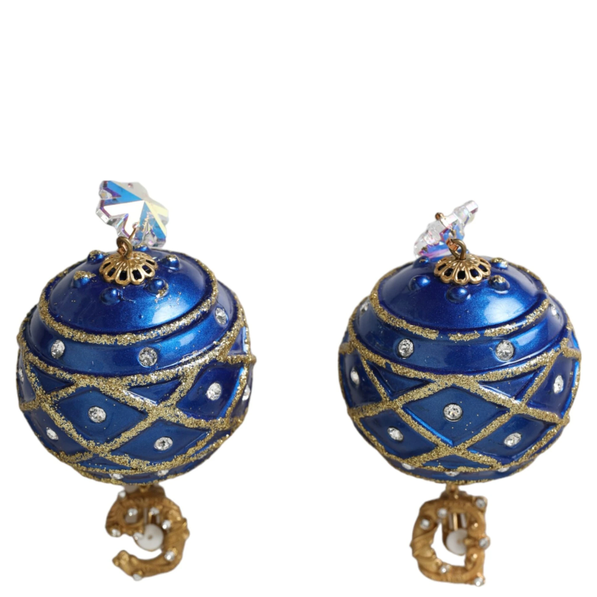 Gold Brass Blue Dangle Christmas Ball Crystal Clip On Earrings