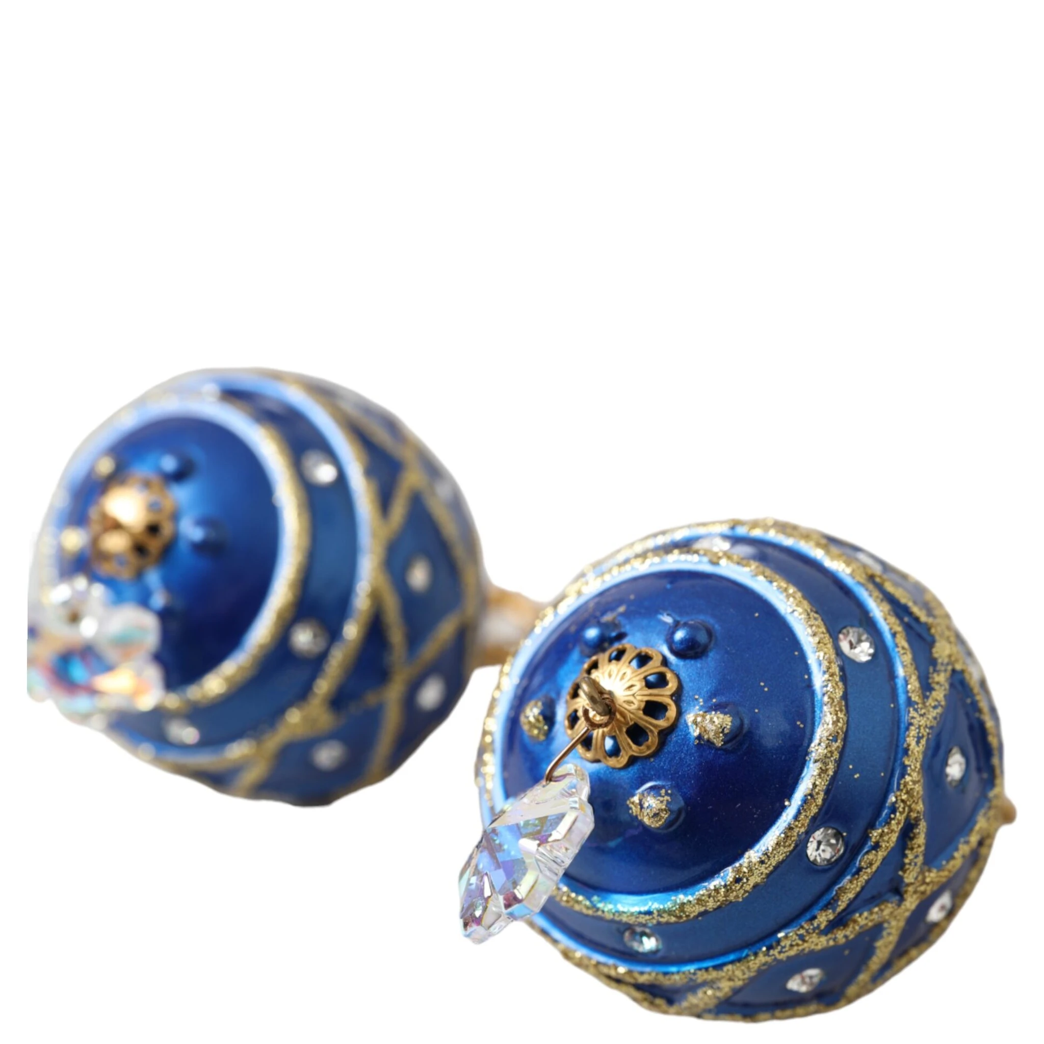 Gold Brass Blue Dangle Christmas Ball Crystal Clip On Earrings