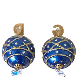 Gold Brass Blue Dangle Christmas Ball Crystal Clip On Earrings