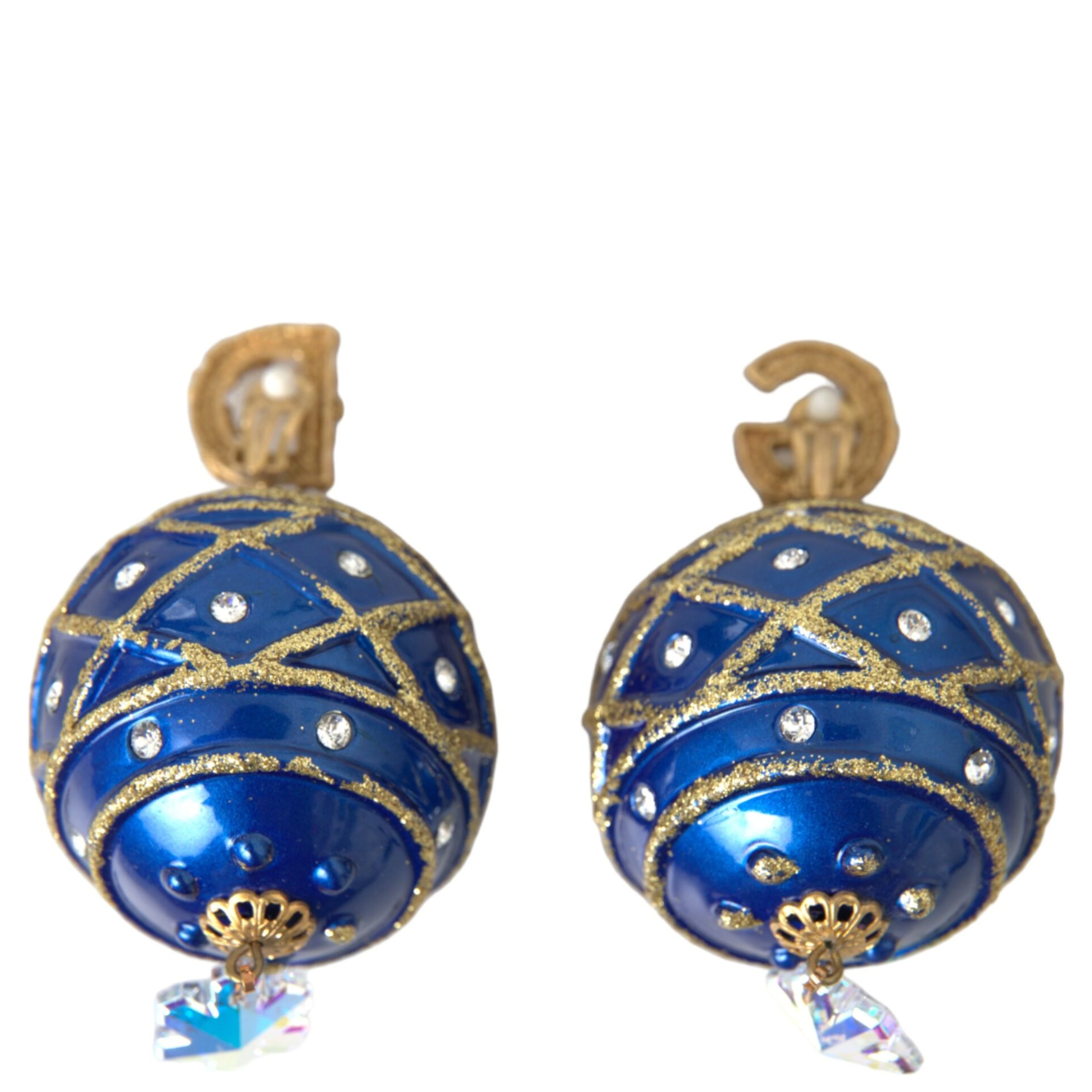 Gold Brass Blue Dangle Christmas Ball Crystal Clip On Earrings