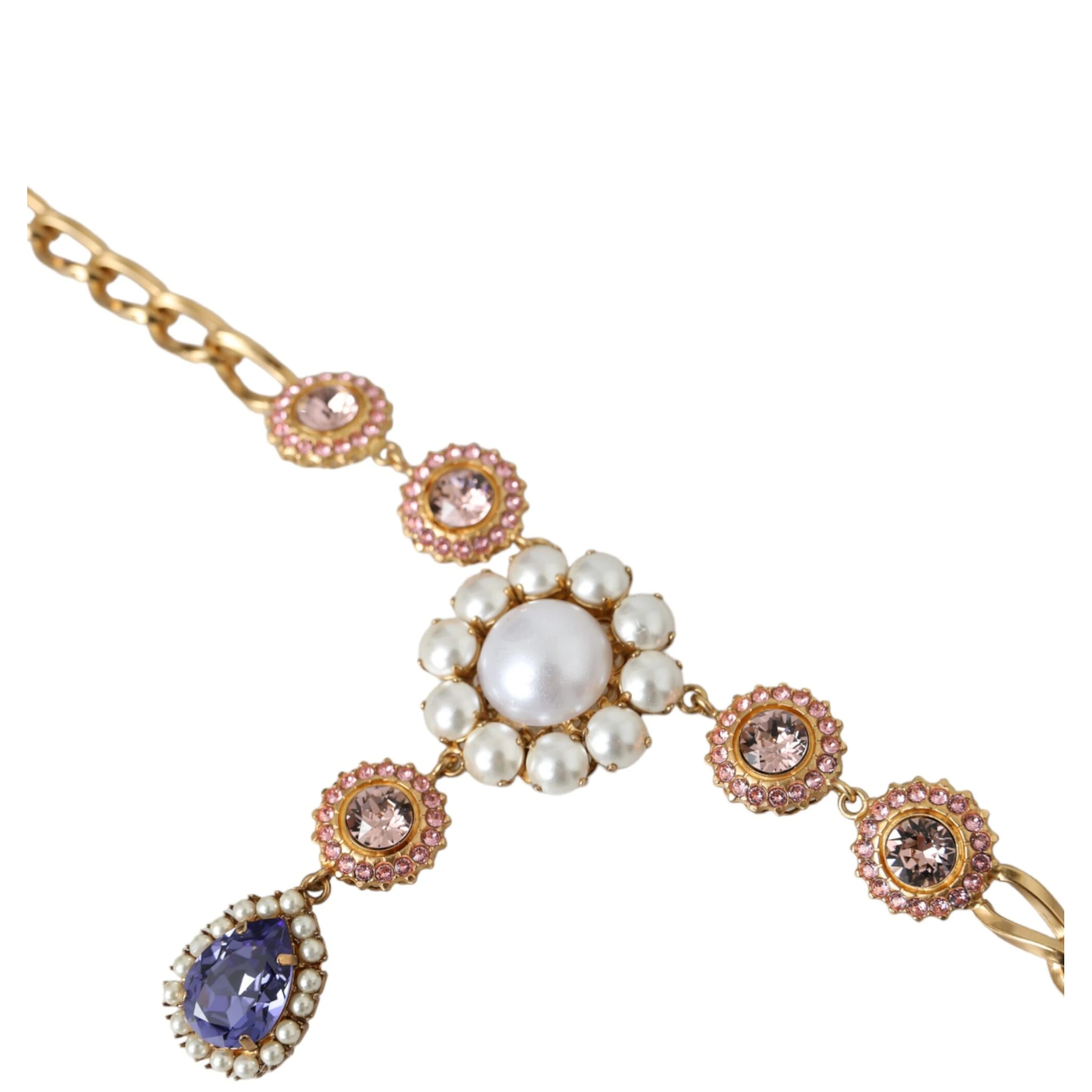 Gold Brass Crystal Purple Pink Pearl Pendants Necklace