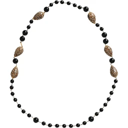 Gold Tone Brass Black Printed Beaded Long Chain Necklace